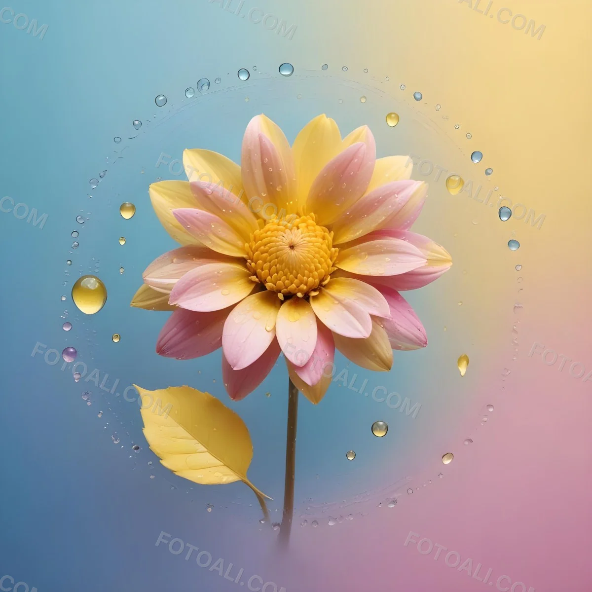 A Flower With Yellow Petals And Yellow Leaves Pastel Background With Blue Pink And Yellow Hues Surrounded By Water Droplets And Circular Patterns 7 E77c