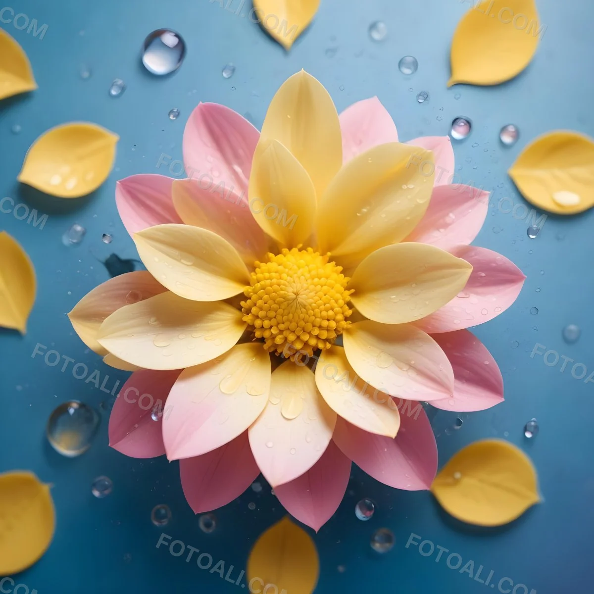 A Flower With Yellow Petals And Yellow Leaves Pastel Background With Blue Pink And Yellow Hues Surrounded By Water Droplets And Circular Patterns 9 9cd0