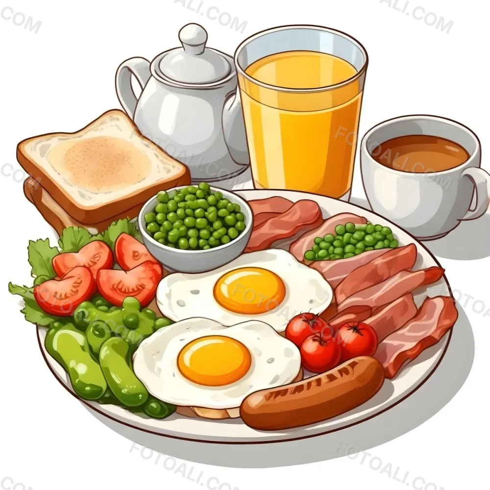 A Full English Breakfast With Fried Eggs Bacon Sausages Baked Beans Toast And Orange Juic 10 Da5c