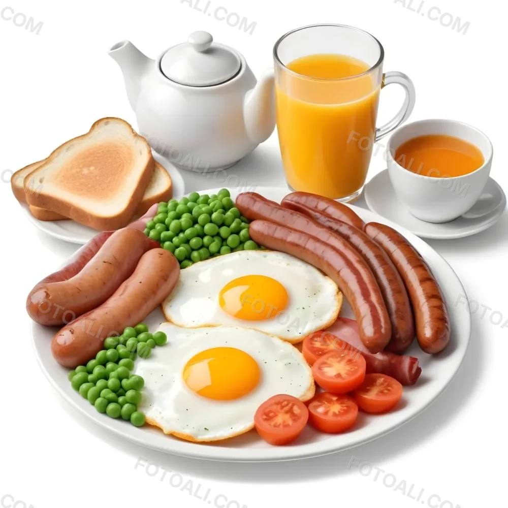 A Full English Breakfast With Fried Eggs Bacon Sausages Baked Beans Toast And Orange Juic 11 22a3