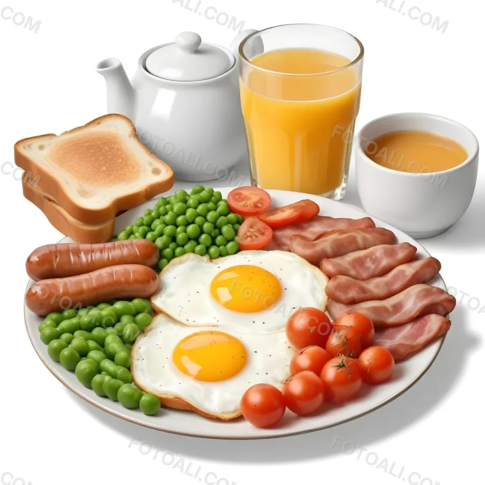 A Full English Breakfast With Fried Eggs Bacon Sausages Baked Beans Toast And Orange Juic 2 Fdf0