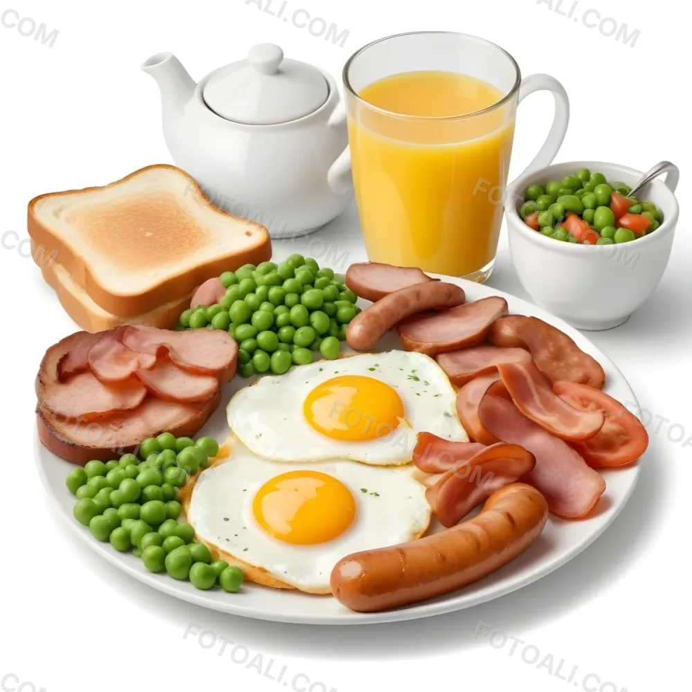 A Full English Breakfast With Fried Eggs Bacon Sausages Baked Beans Toast And Orange Juic 3 54ba