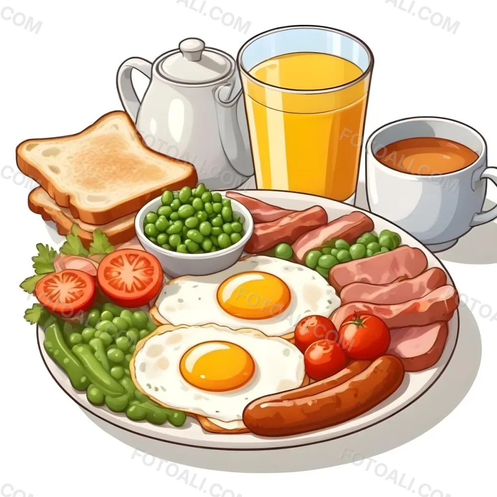 A Full English Breakfast With Fried Eggs Bacon Sausages Baked Beans Toast And Orange Juic 4 Cbb9