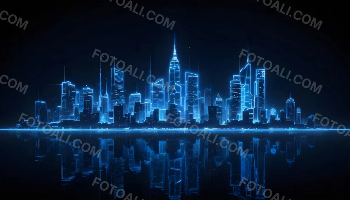 A Futuristic City Skyline Made Of Blue Neon Lines Reflecting On A Dark Water Surface With A Starry Night Sky In The Background 10 1d5d