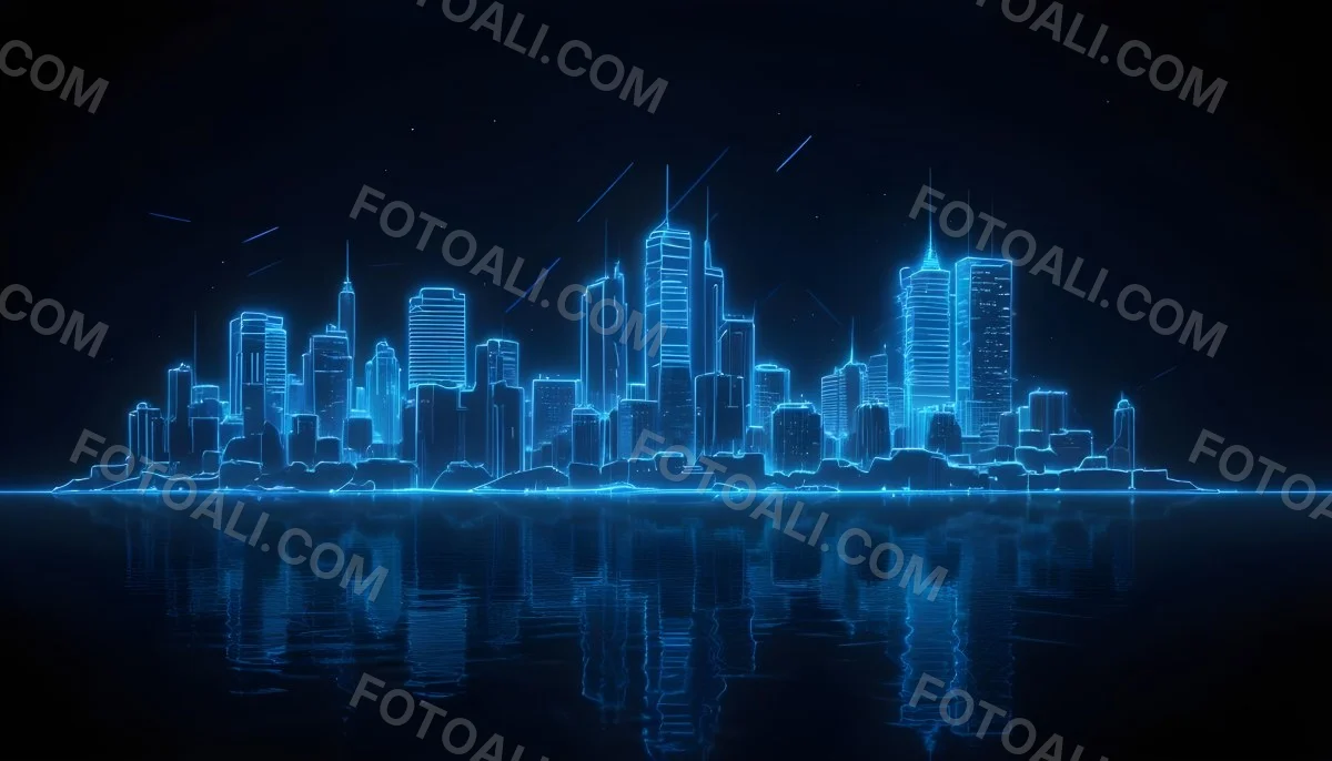 A Futuristic City Skyline Made Of Blue Neon Lines Reflecting On A Dark Water Surface With A Starry Night Sky In The Background 14 8751