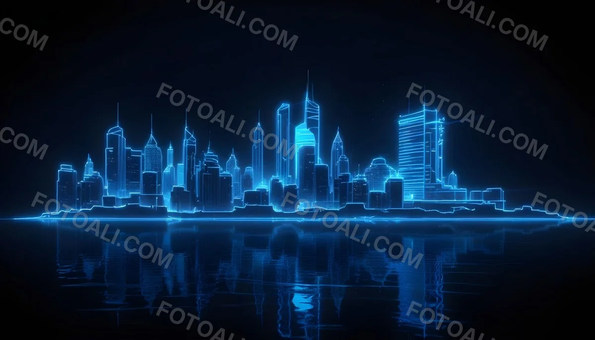 A Futuristic City Skyline Made Of Blue Neon Lines Reflecting On A Dark Water Surface With A Starry Night Sky In The Background 18 D958