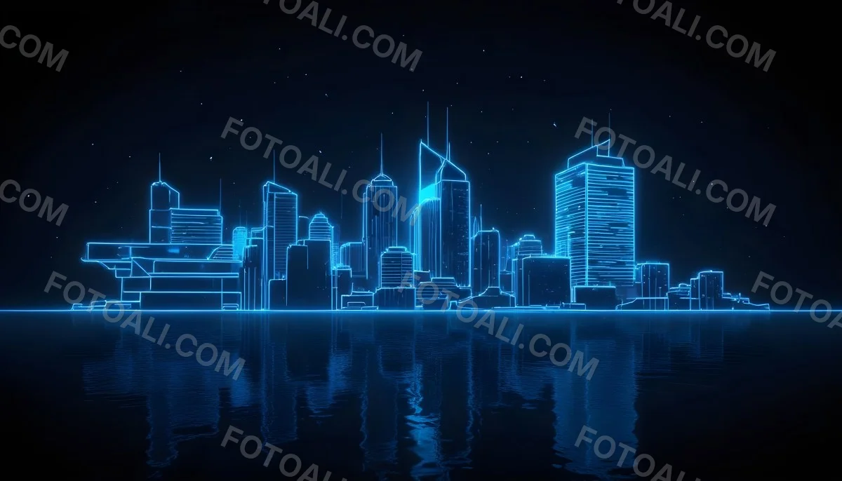 A Futuristic City Skyline Made Of Blue Neon Lines Reflecting On A Dark Water Surface With A Starry Night Sky In The Background 21 652c