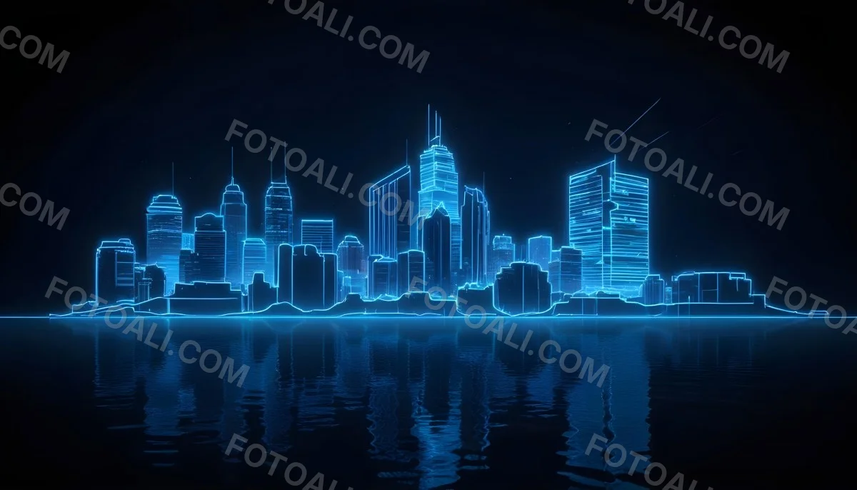 A Futuristic City Skyline Made Of Blue Neon Lines Reflecting On A Dark Water Surface With A Starry Night Sky In The Background 27 1ad2