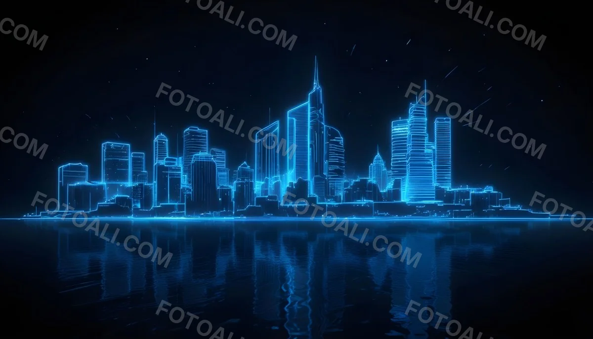A Futuristic City Skyline Made Of Blue Neon Lines Reflecting On A Dark Water Surface With A Starry Night Sky In The Background 30 2e48