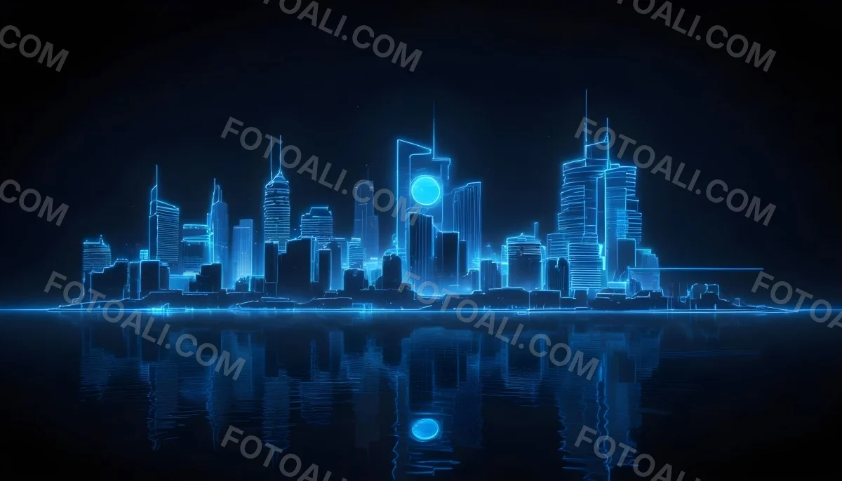 A Futuristic City Skyline Made Of Blue Neon Lines Reflecting On A Dark Water Surface With A Starry Night Sky In The Background 36 4c8f
