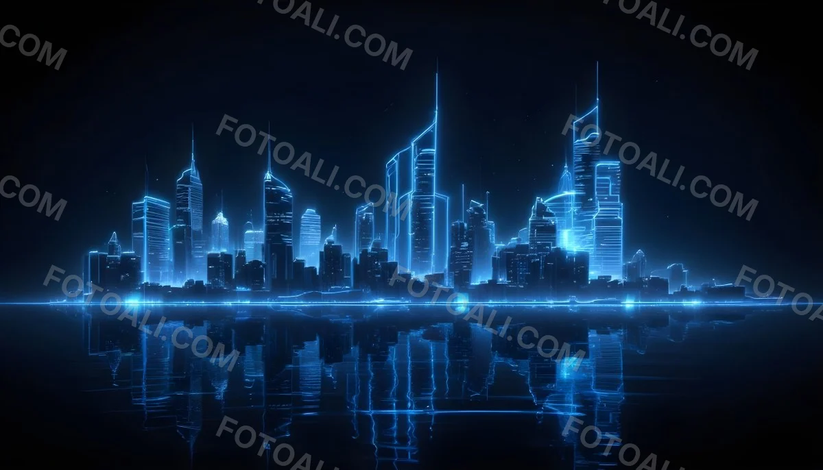 A Futuristic City Skyline Made Of Blue Neon Lines Reflecting On A Dark Water Surface With A Starry Night Sky In The Background 37 Fff8