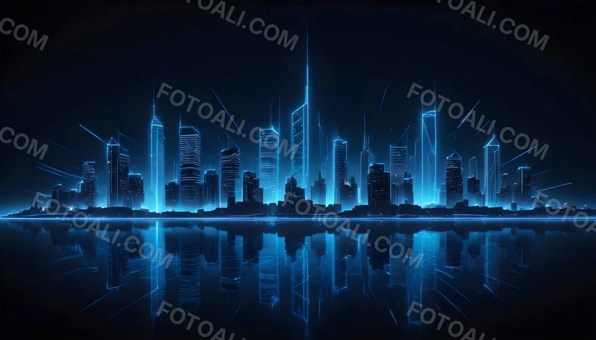 A Futuristic City Skyline Made Of Blue Neon Lines Reflecting On A Dark Water Surface With A Starry Night Sky In The Background 4 Aba2