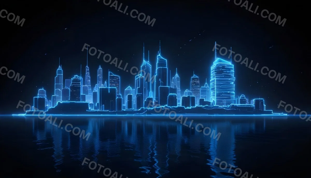 A Futuristic City Skyline Made Of Blue Neon Lines Reflecting On A Dark Water Surface With A Starry Night Sky In The Background 55 A7d3
