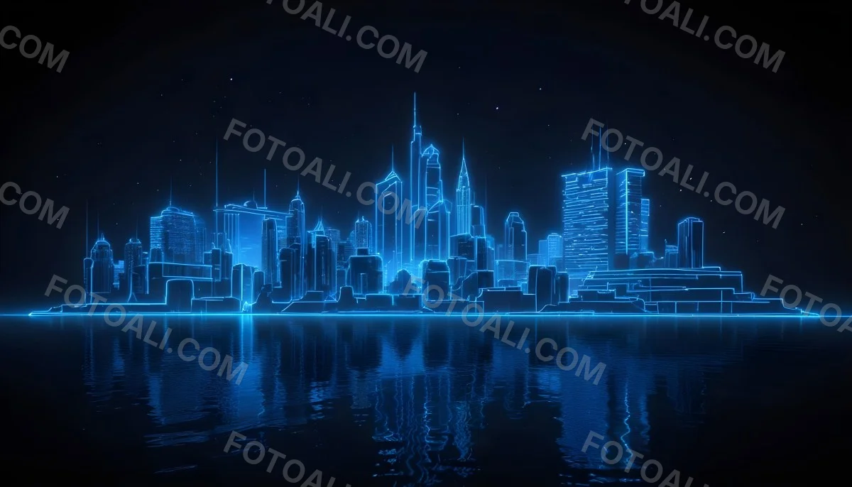 A Futuristic City Skyline Made Of Blue Neon Lines Reflecting On A Dark Water Surface With A Starry Night Sky In The Background 56 435a