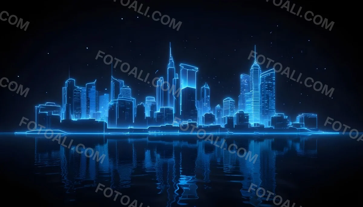 A Futuristic City Skyline Made Of Blue Neon Lines Reflecting On A Dark Water Surface With A Starry Night Sky In The Background 57 9507