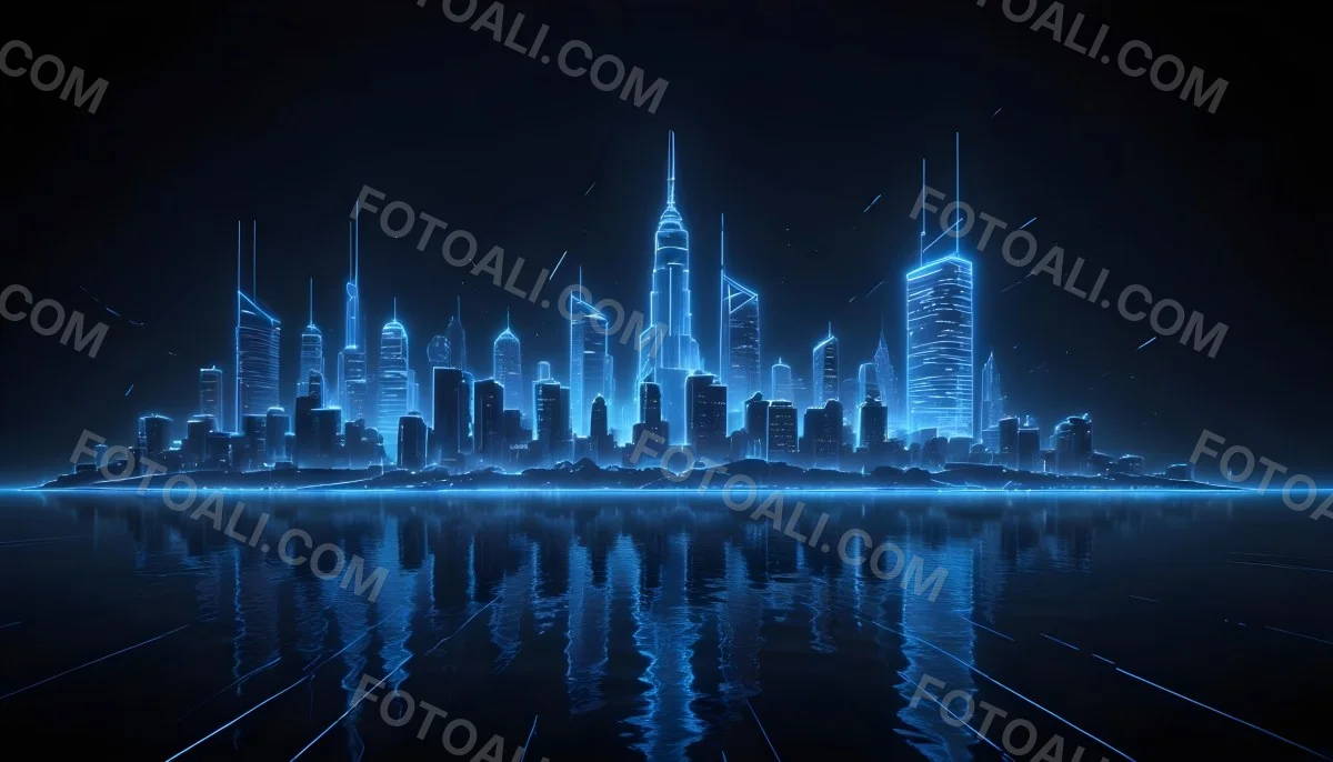 A Futuristic City Skyline Made Of Blue Neon Lines Reflecting On A Dark Water Surface With A Starry Night Sky In The Background 58 97dc