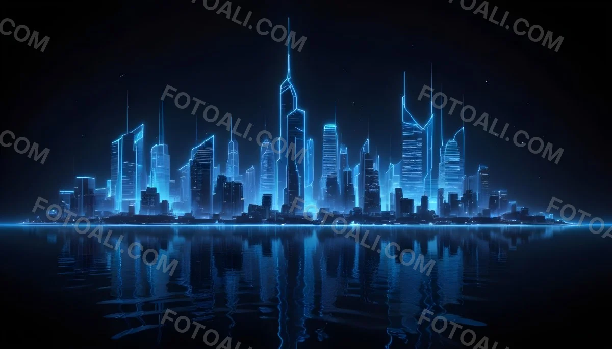A Futuristic City Skyline Made Of Blue Neon Lines Reflecting On A Dark Water Surface With A Starry Night Sky In The Background 59 06af