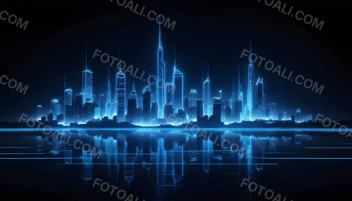 A Futuristic City Skyline Made Of Blue Neon Lines Reflecting On A Dark Water Surface With A Starry Night Sky In The Background 6 85ad