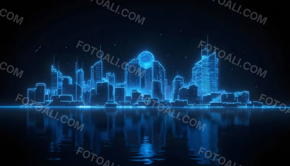 A Futuristic City Skyline Made Of Blue Neon Lines Reflecting On A Dark Water Surface With A Starry Night Sky In The Background 60 85cb