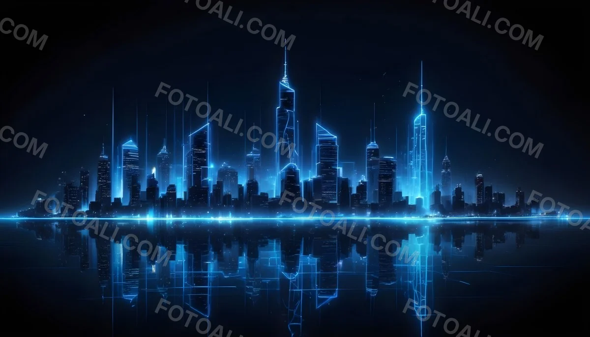 A Futuristic City Skyline Made Of Blue Neon Lines Reflecting On A Dark Water Surface With A Starry Night Sky In The Background 7 97a3