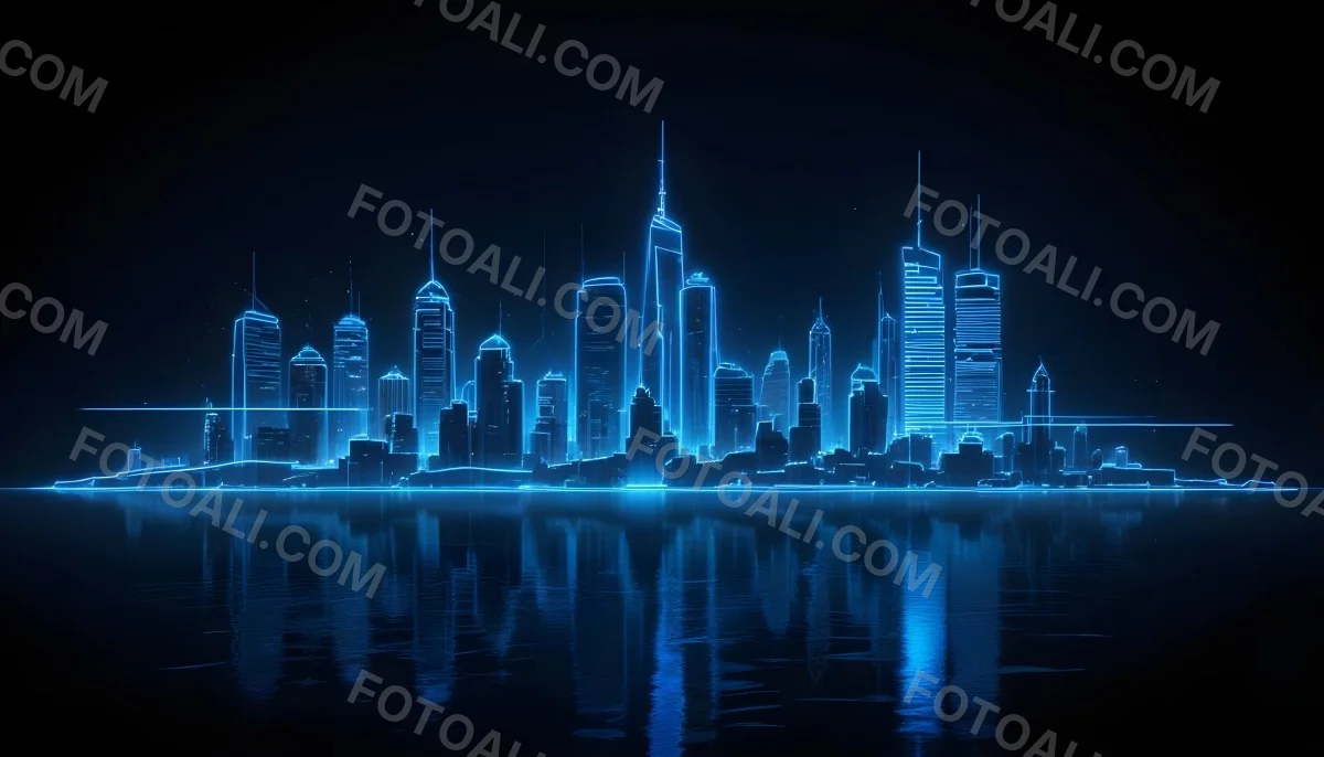 A Futuristic City Skyline Made Of Blue Neon Lines Reflecting On A Dark Water Surface With A Starry Night Sky In The Background 8 108c