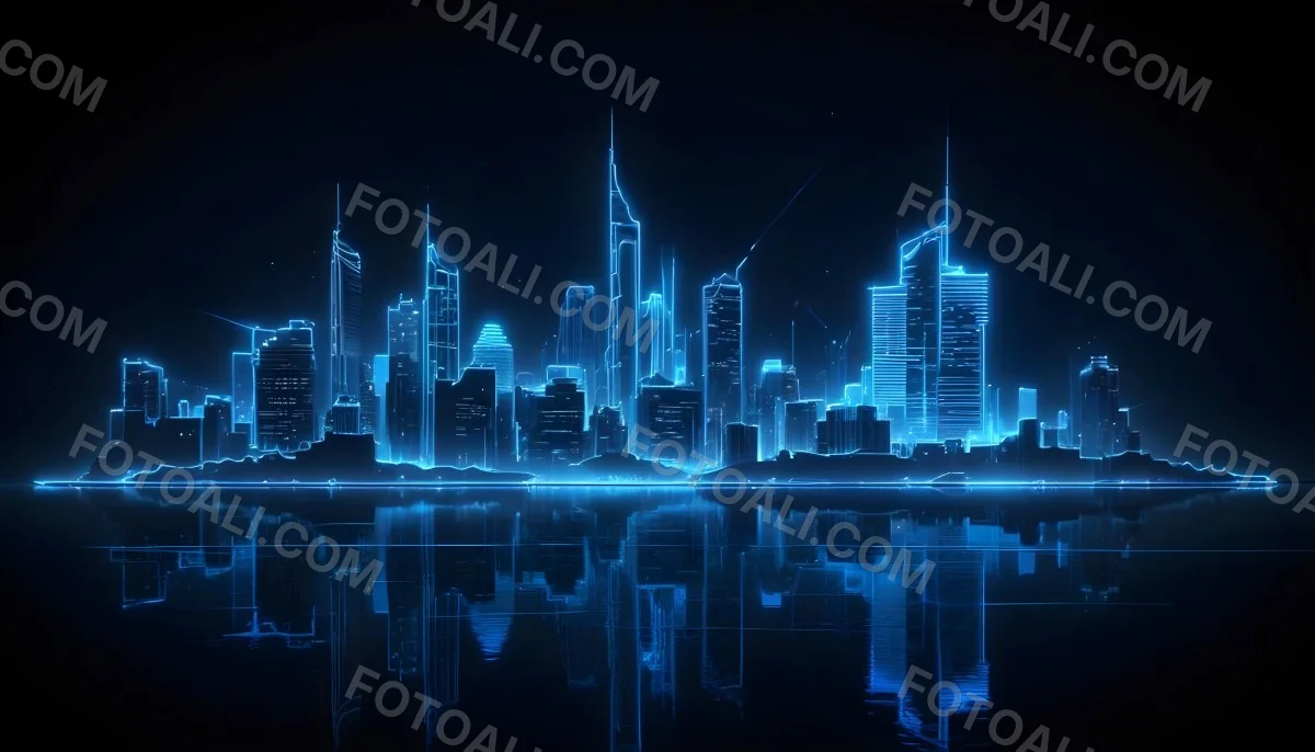 A Futuristic City Skyline Made Of Blue Neon Lines Reflecting On A Dark Water Surface With A Starry Night Sky In The Background 9 F860