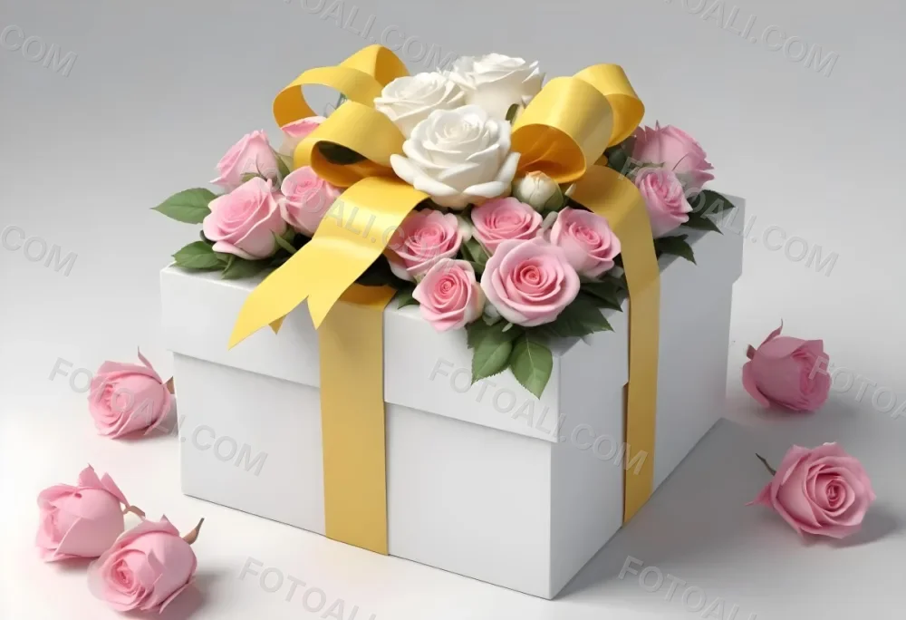 A Gift Box With A Yellow Ribbon And A Bouquet Of White Roses With Pink Flowers On A White Background 14 4869