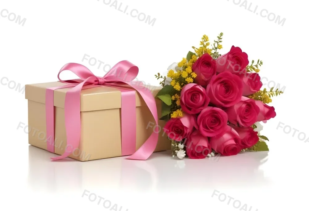 A Gift Box With A Yellow Ribbon And A Bouquet Of White Roses With Pink Flowers On A White Background 15 2e3d