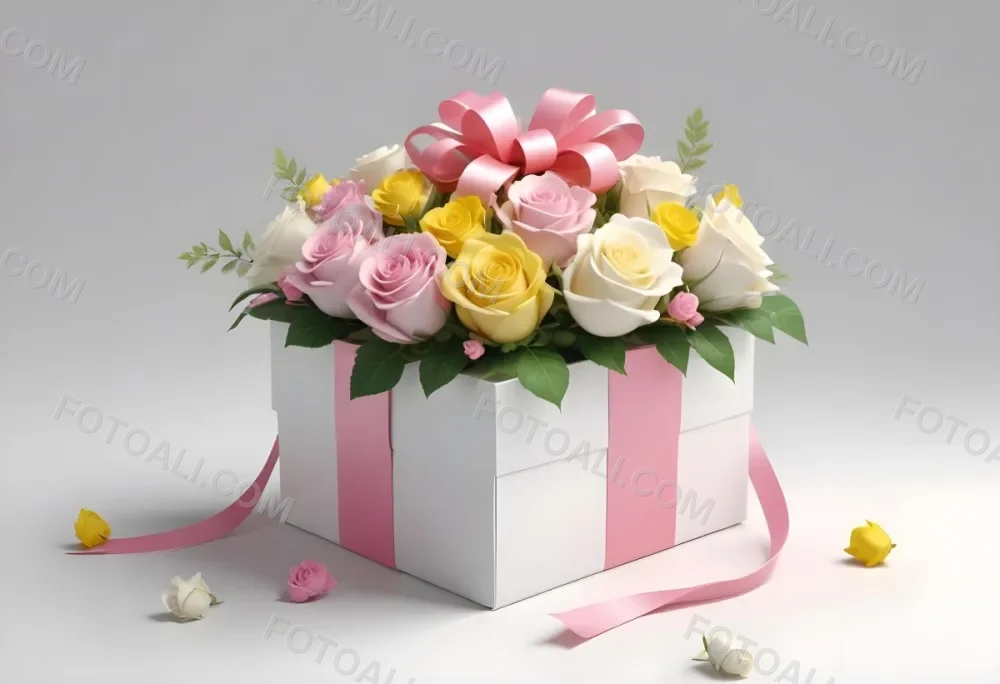 A Gift Box With A Yellow Ribbon And A Bouquet Of White Roses With Pink Flowers On A White Background 18 5a1f