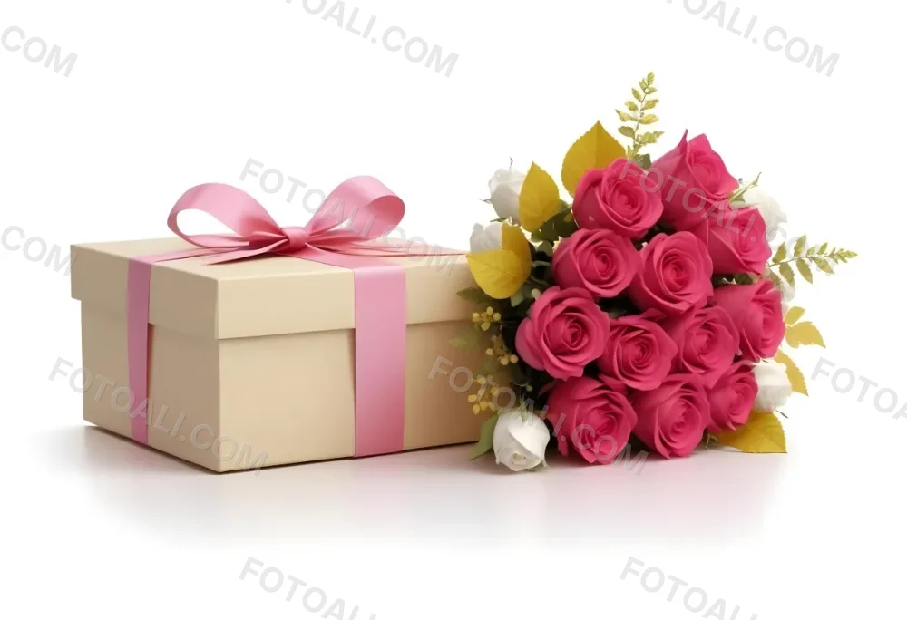 A Gift Box With A Yellow Ribbon And A Bouquet Of White Roses With Pink Flowers On A White Background 19 25f4