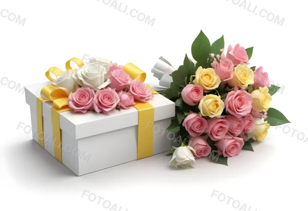 A Gift Box With A Yellow Ribbon And A Bouquet Of White Roses With Pink Flowers On A White Background 22 6d78