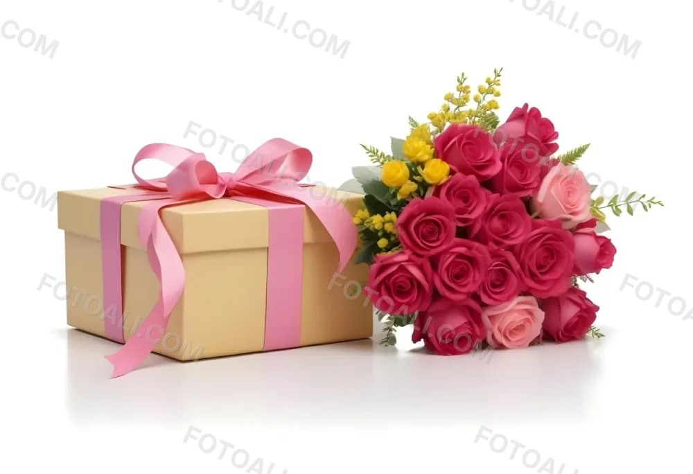 A Gift Box With A Yellow Ribbon And A Bouquet Of White Roses With Pink Flowers On A White Background 23 9239