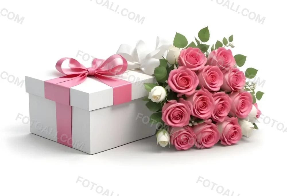 A Gift Box With A Yellow Ribbon And A Bouquet Of White Roses With Pink Flowers On A White Background 24 Df48