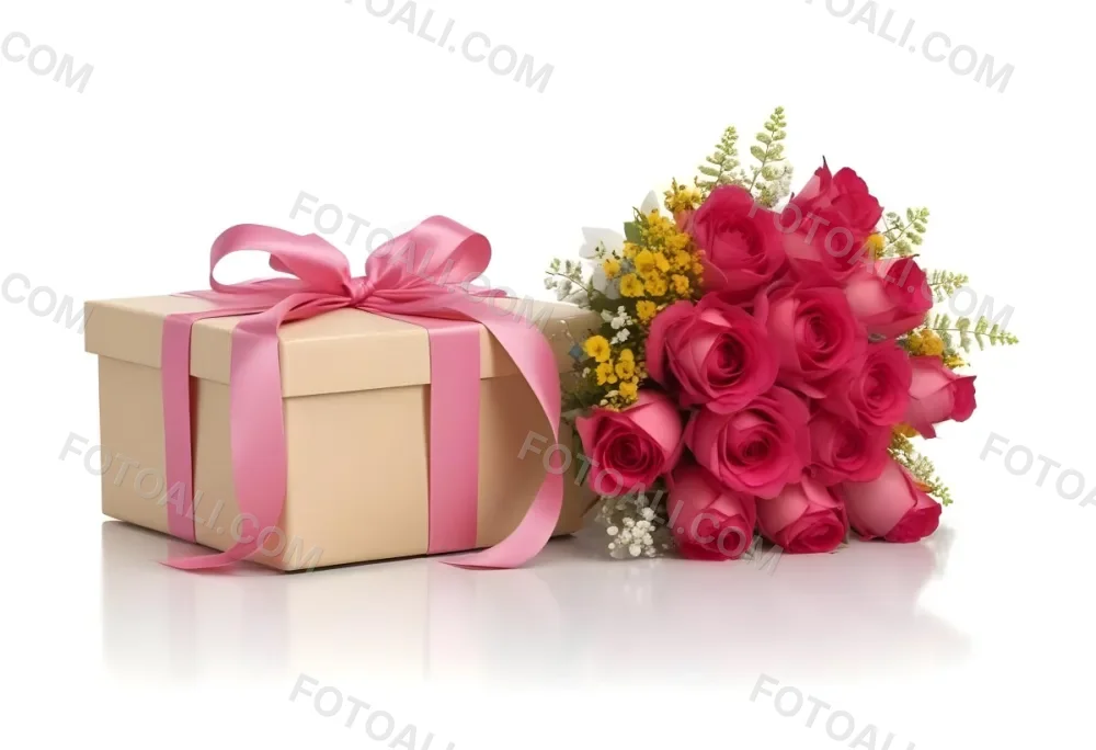A Gift Box With A Yellow Ribbon And A Bouquet Of White Roses With Pink Flowers On A White Background 27 9c88