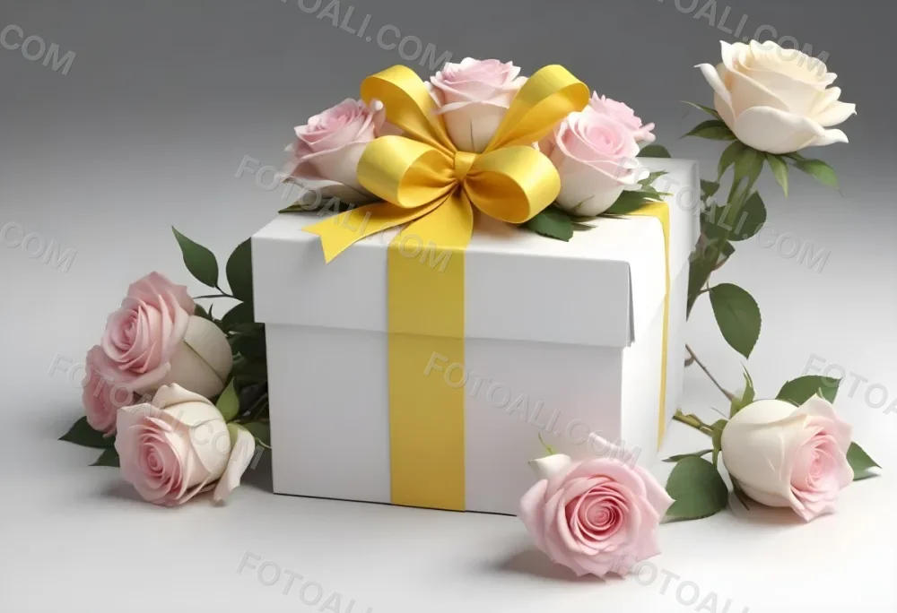 A Gift Box With A Yellow Ribbon And A Bouquet Of White Roses With Pink Flowers On A White Background 28 Ddc3
