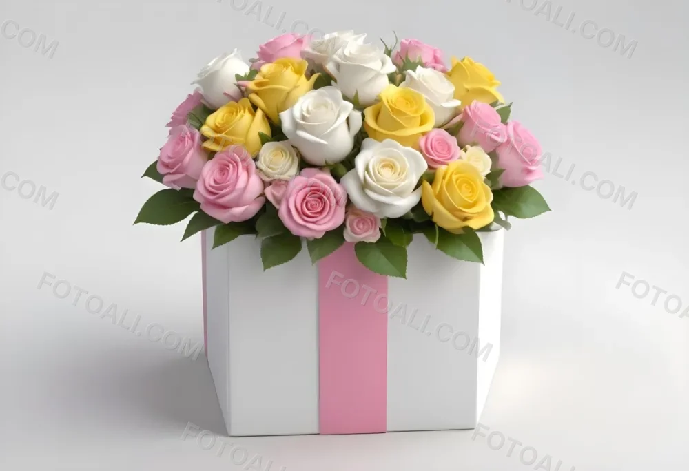 A Gift Box With A Yellow Ribbon And A Bouquet Of White Roses With Pink Flowers On A White Background 31 Fb3c