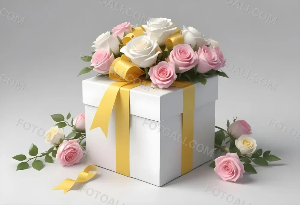 A Gift Box With A Yellow Ribbon And A Bouquet Of White Roses With Pink Flowers On A White Background 32 0663