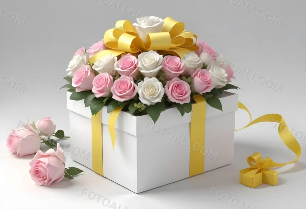 A Gift Box With A Yellow Ribbon And A Bouquet Of White Roses With Pink Flowers On A White Background 33 0a91