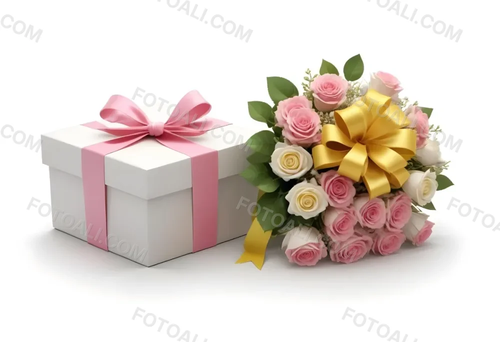 A Gift Box With A Yellow Ribbon And A Bouquet Of White Roses With Pink Flowers On A White Background 36 96a3