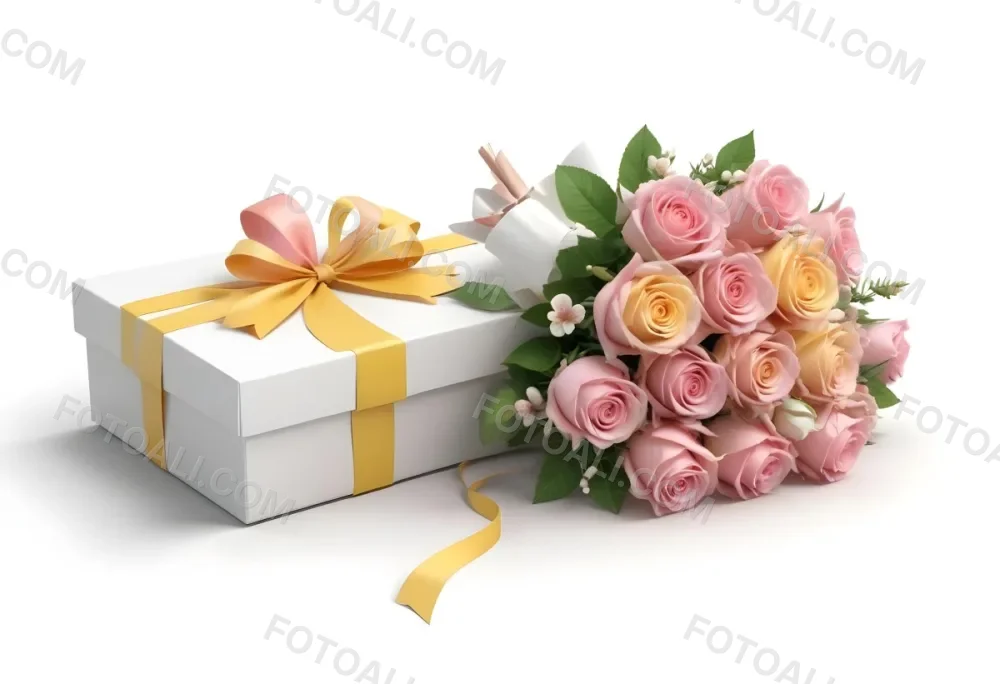 A Gift Box With A Yellow Ribbon And A Bouquet Of White Roses With Pink Flowers On A White Background 37 3ee2