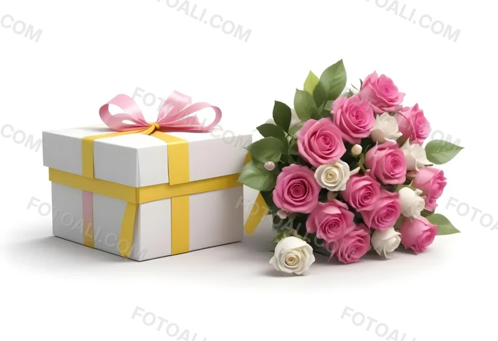 A Gift Box With A Yellow Ribbon And A Bouquet Of White Roses With Pink Flowers On A White Background 4 E510