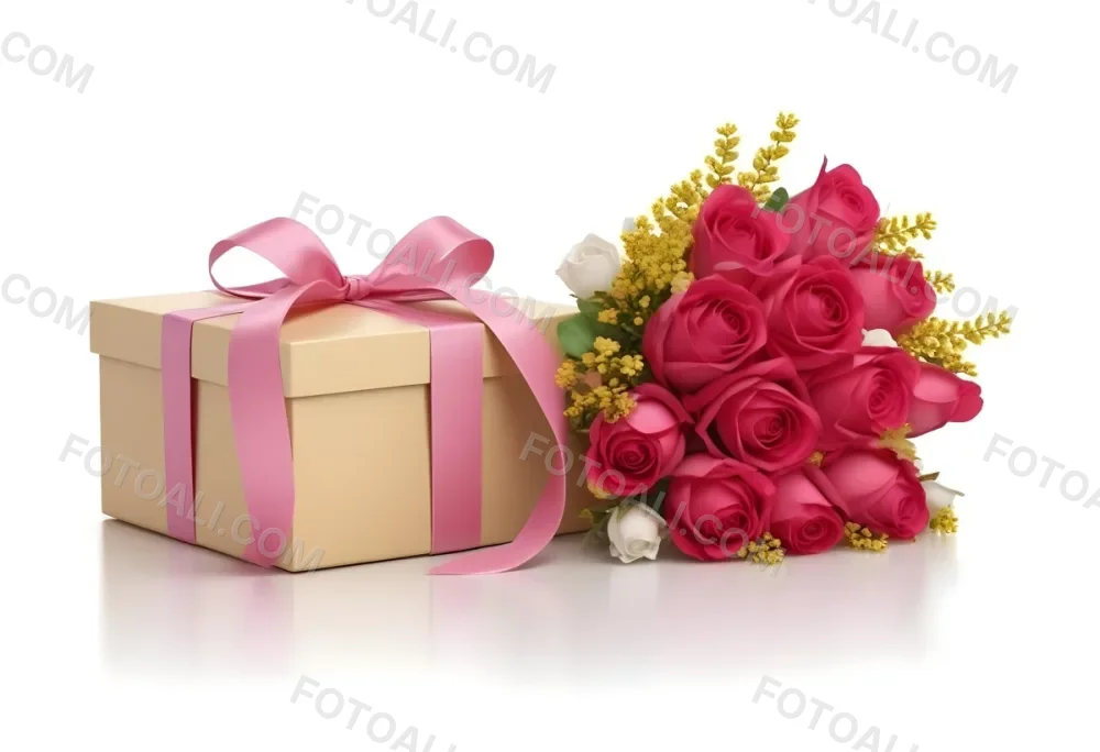 A Gift Box With A Yellow Ribbon And A Bouquet Of White Roses With Pink Flowers On A White Background 7 078a