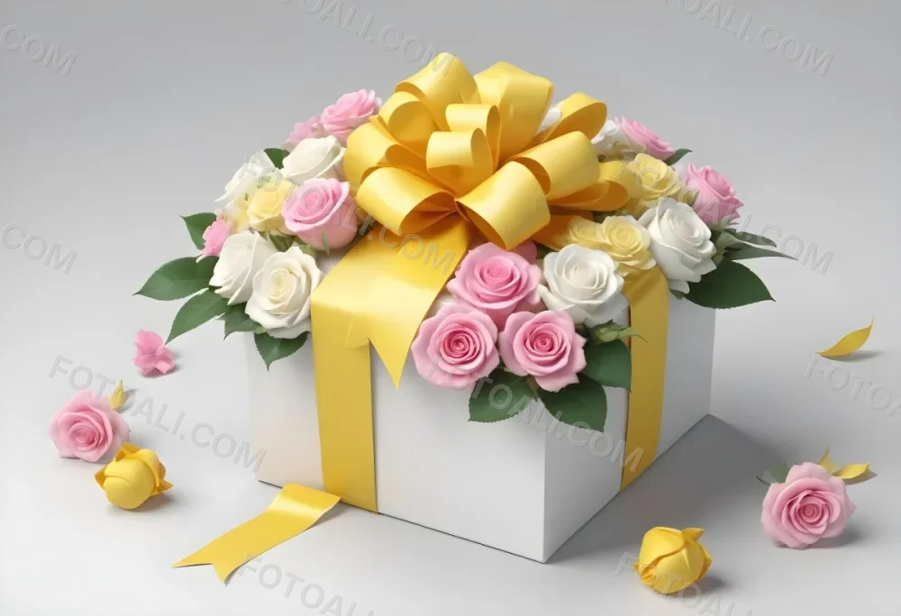 A Gift Box With A Yellow Ribbon And A Bouquet Of White Roses With Pink Flowers On A White Background 8 0455