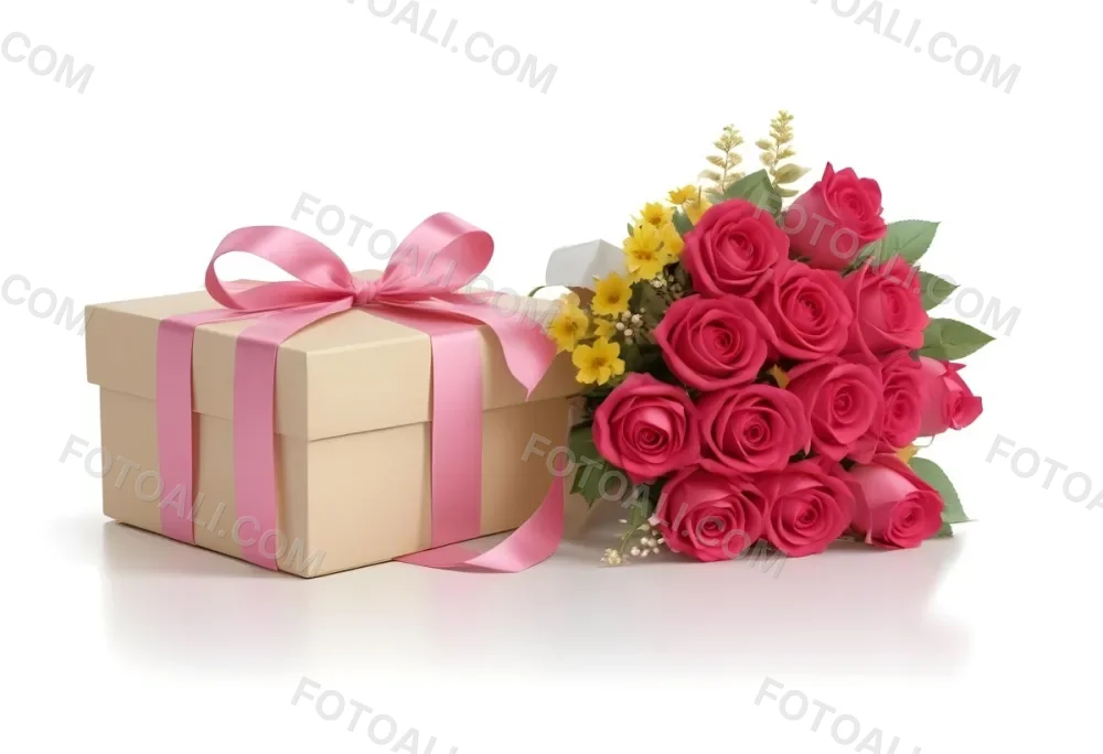 A Gift Box With A Yellow Ribbon And A Bouquet Of White Roses With Pink Flowers On A White Background 9 656d
