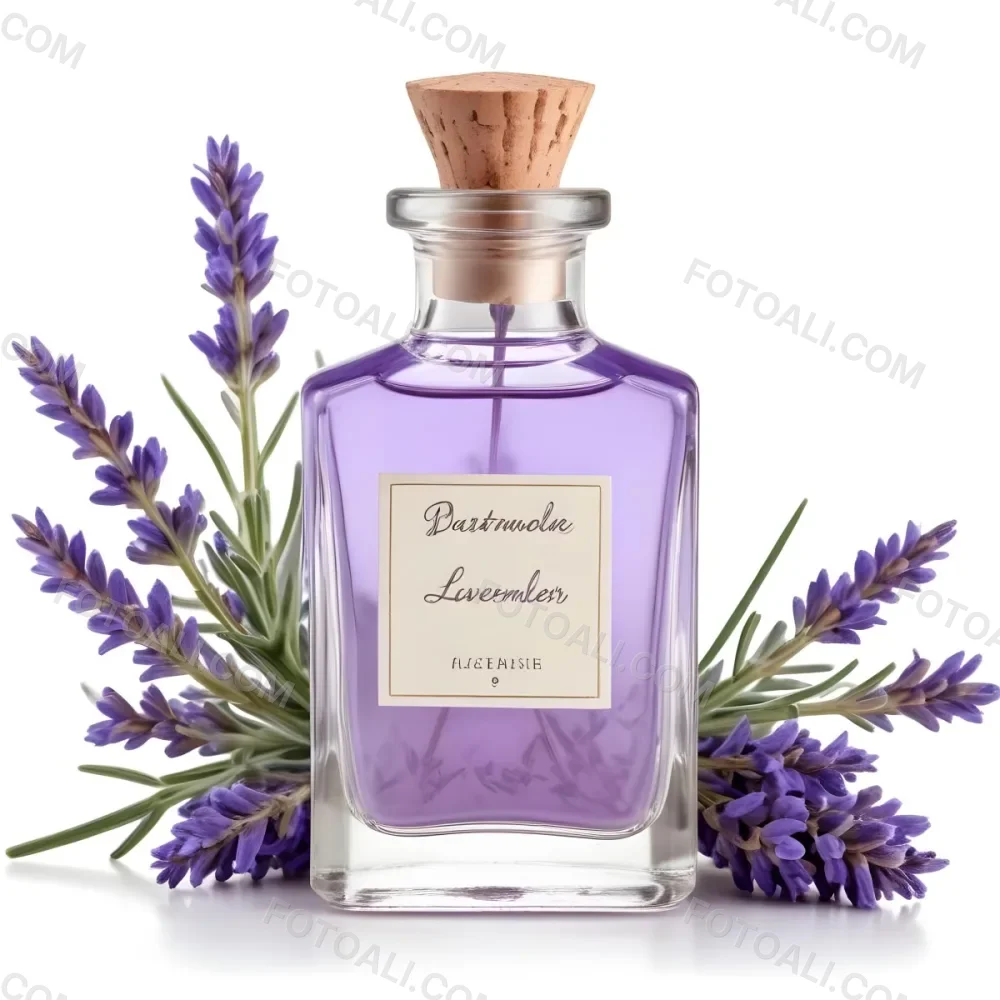 A Glass Bottle Of Lavender Perfume Surrounded By Fresh Lavender Flowers 10 Bc03