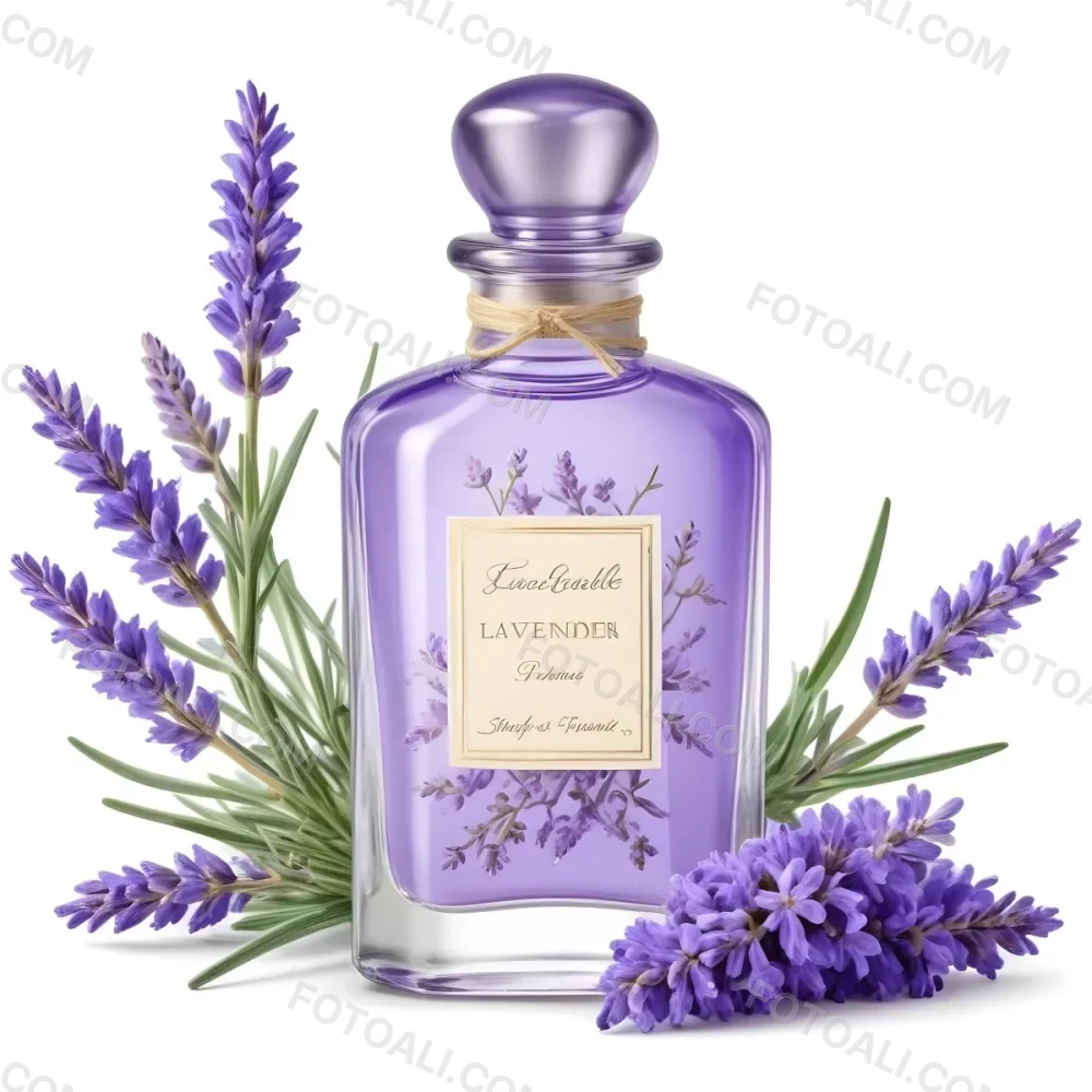 A Glass Bottle Of Lavender Perfume Surrounded By Fresh Lavender Flowers 6 351a
