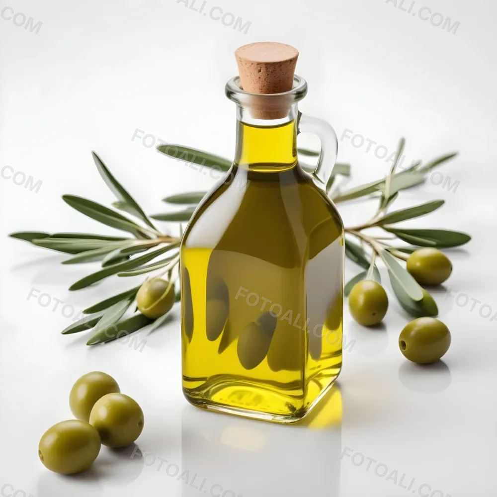A Glass Bottle Of Olive Oil With Green Olives On The Side 62 Ae96