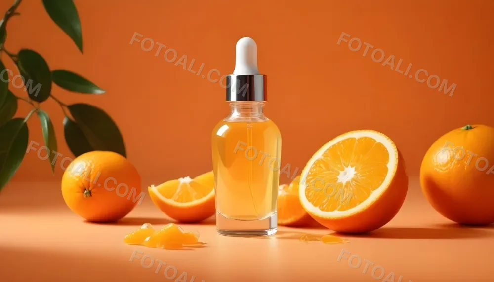 A Glass Bottle Of Orange Colored Facial Serum Or Oil With A Dropper Surrounded By Fresh Orange Slices On A Orange Background 13 7158