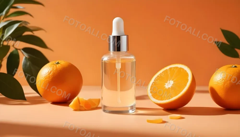 A Glass Bottle Of Orange Colored Facial Serum Or Oil With A Dropper Surrounded By Fresh Orange Slices On A Orange Background 18 Ac02