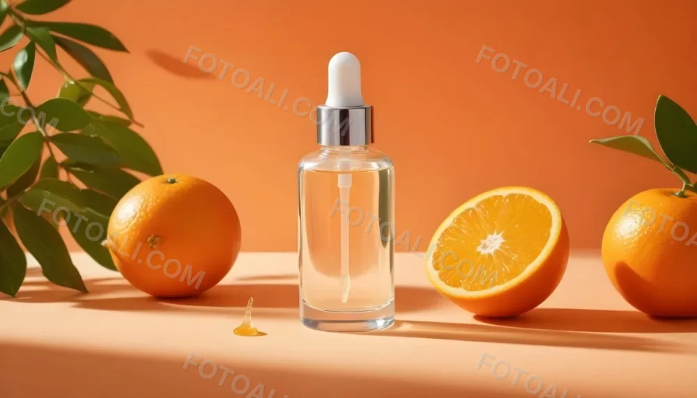 A Glass Bottle Of Orange Colored Facial Serum Or Oil With A Dropper Surrounded By Fresh Orange Slices On A Orange Background 22 F7e1
